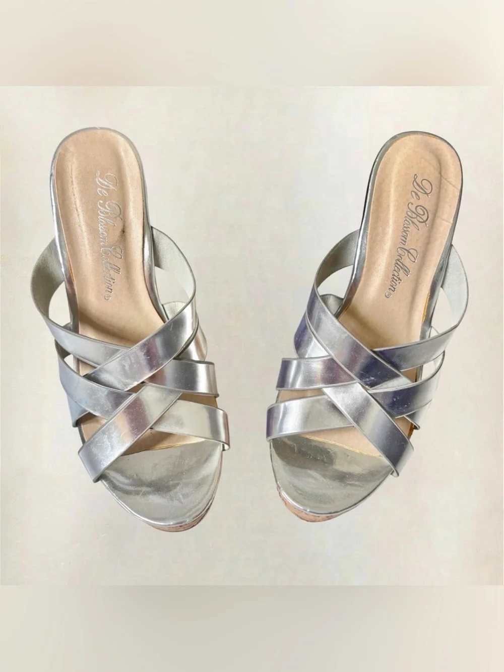 De Blossom Collection Silver Metallic Cork Wedge Sandals - used